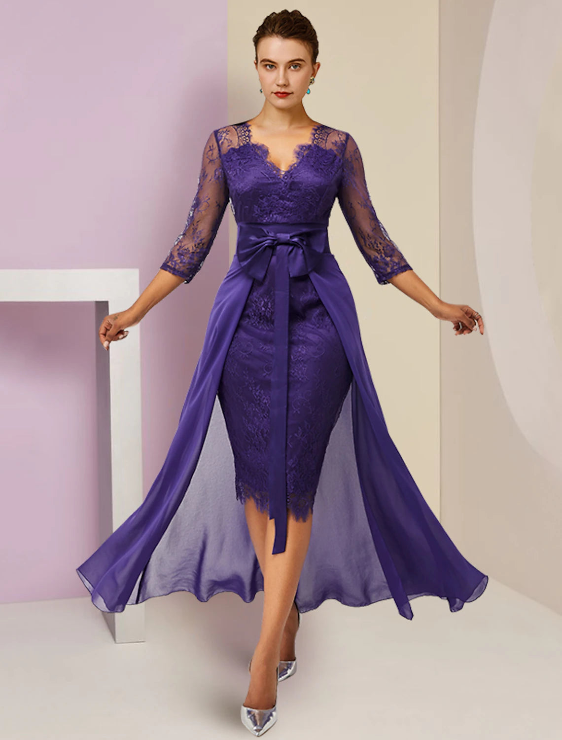 Luolandi Two Piece Sheath / Column Mother of the Bride Dress Formal Fall Wedding Guest Elegant detachable V Neck Knee Length Chiffon Lace 3/4 Length Sleeve